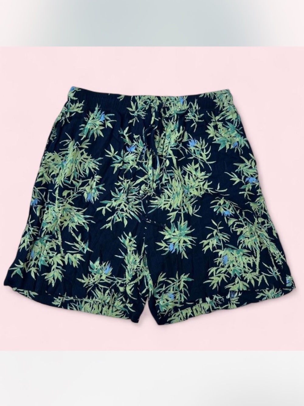Vintage 90s Style Clio Flowy Rayon Shorts, Green & Navy Plant Pattern Shorts